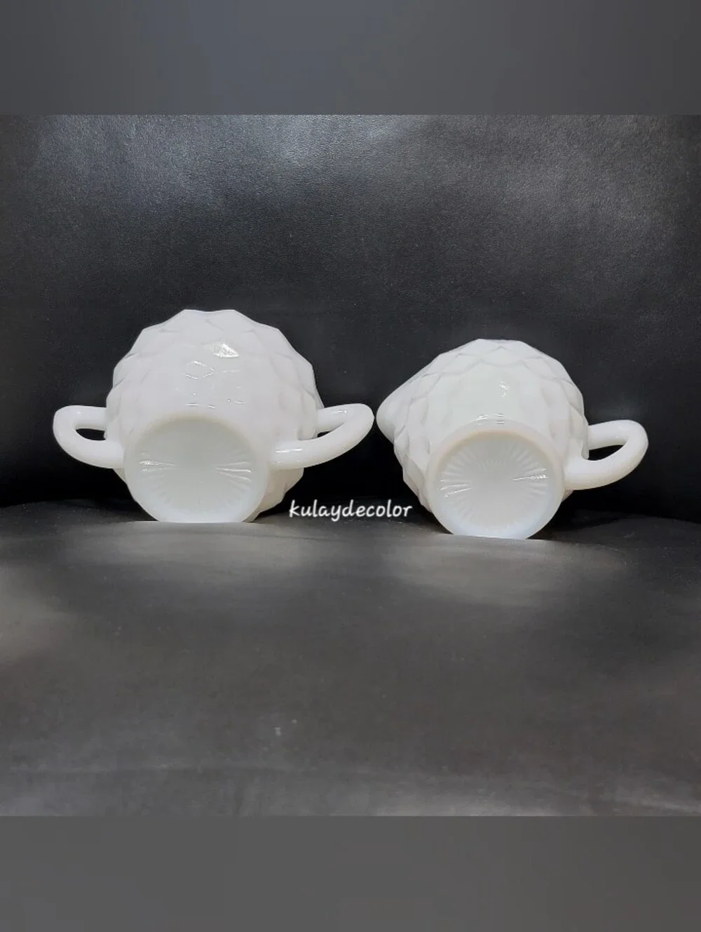 Vintage Jeannette White Milk Glass Creamer & Open Sugar Bowl Set Diamond Quilt